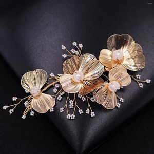 Grampos de cabelo dourado floral hairband acessórios de casamento pérola metal flor headbands hoop moda jóias de noiva para mulheres