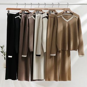 Mulheres Tracksuits Mulheres Camisola Calça Set Casual Pulôveres Ternos Outono Inverno Malha Solta V-Pescoço Manga Longa Elegância Tops Elastic Sweaterpants 231018