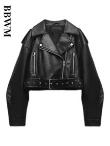 Damen Jacken TRAF Frauen Übergroße Vintage Lose Pu Kunstleder Kurze Jacke mit Gürtel Streetwear Weiblichen Reißverschluss Retro Moto Biker Mantel Outwear 231018