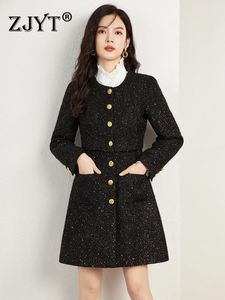 Kvinnors ull blandar zjyt Autumn Winter Black Coat Women Vintage Single Breasted Long Woolen Jackets Elegant Ladies Outerwear Veste Femme 231018
