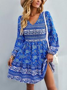 Casual Dresses Women's Mini Loose Dress Bohemian Floral Print V Neck Long Sleeve Flowy Stretch Waist Short For Beach