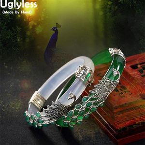 Uglyless Real 925 Sterling Silver Bangles for Women Thai Silver Animal Chalcedony Peacock Bangles Jade Creative Bracelet Jewelry C224S