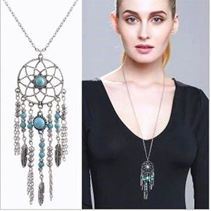 Vintage Dream Catcher kolye püskül tüy turkuaz bohem tarzı uzun süveter zinciri cazibe takı Noel hediyeleri 12pcs220k