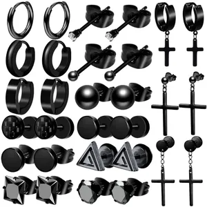 Stud Earrings 1-15 Pairs Stainless Steel Black CZ Cross Dangle For Men Women Piercing Faux Gauges Ear Plugs Jewelry Set