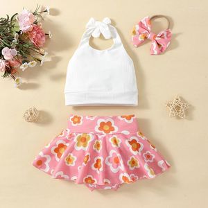 Kläder sätter 0-4Y barn flickor sommarkläder set baby shorts halter tank tops blommor a-line kjol pannband 3 st småbarn
