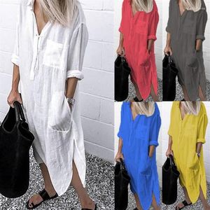 Casual Dresses Women Long Sleeve Shirt Dress Solid Side Split Linen Ladies Turn-down Collar Loose Pocket Sundress Party200G