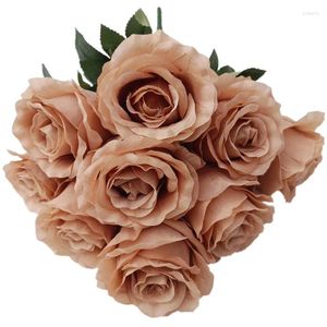 Flores decorativas uma seda rosa ramo flor artificial 9 cabeças rosa fluer buquê para peças centrais do casamento arranjo floral 16 cores