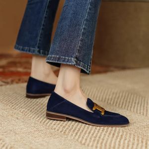 Dress Shoes French Retro Metal Buckle Loafers Womens English Style High Heel Flat Single Ladies Faux Suede Low Heels 231019