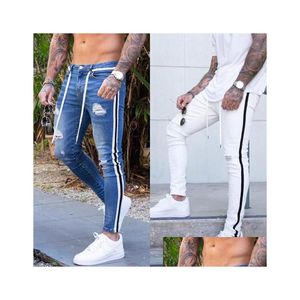 Mens Jeans Men Skinny Biker Destroyed Slim Fit Ripped Holes Denim Trousers Side Striped Pencil Pants Hip Hop Blue White Black Fashi