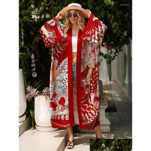 Women Swimodwear er-up plaża Kimono luźne wielki jedwabisty strój kąpielowy er Up czerwony druk sarong kaftans dla kobiet Tuics Pareos Drop dostarczenie