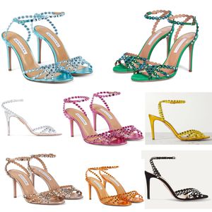 Luxury Summer Brand Women Tequila Sandals Shoes Aquazzuras High Heels Lady Pumps Crystal-embellished Dress Bridal Wedding Gladiator Sandalias