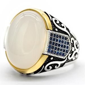 Autentisk Sterling Silver Antique Turkish Blue Zircon Ring och White Agate Stone Men's Colorful Punk Rock Smyckekluster Rin2114