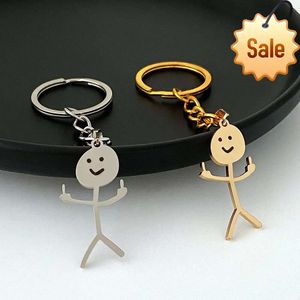 2023 Rolig långfingret Stickman Keychain Söt trend Titanium Steel School Bag Car Key Penant Par Ny Trinka Gift Keyrings