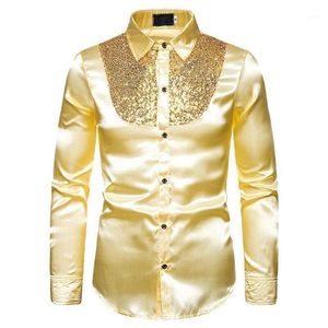 Camisas de vestido masculinas homens cetim brilhante camisa de casamento de seda manga longa lantejoulas fitness magro blusa masculina top plissado camisa1241z