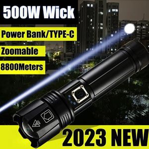 Flashlights facklor 8800Metrar LED-ficklampa laddningsbar fackla typ-C kraftfull taktisk blixtljus zoombar jaktlyktsvattentät handlampa 231018