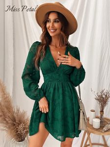 Basic Casual Dresses MISS PETAL Plunge ALine Mini Dress Woman Green Sexy Long Sleeve Party Spring Autumn Female Sundress 231018