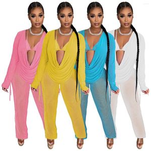 Women's Two Piece Pants Nightclub Style Bikini Perspective Mesh Sexy Three-piece Suit Summer Holidays Outfits Long Sleeves Shirt And Set
