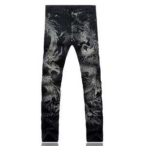Jeans da uomo Pantaloni da uomo Slim Fit Moda Stampa drago Disegno colorato maschile Denim dipinto Elastico Nero Cargo1918