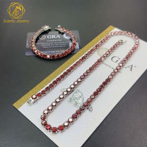 Corrente de tênis Zuanfu joias personalizadas premium branco/amarelo/ouro rosa 4mm formato redondo cor vermelha corrente de tênis moissanite