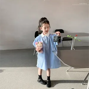 Flickaklänningar 2023 Summer Kids Dress Blue Korea Style Turn-Down Collar Solid Color Bubble Sleeve Simple For Girls