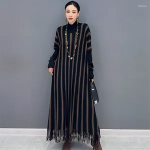 Casual Dresses Temperament Party Tassels Dress for Women Mandarin Collar Pullovers Colorblocked Stripe Long Sleeve Vestido de Mujer