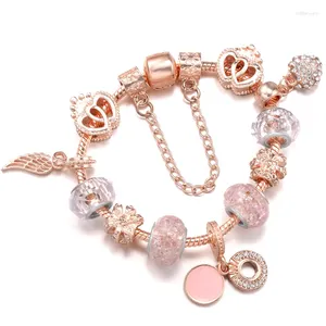 Charm Bracelets Pink Concentric Circle & Crown Feather With Heart Pendent Bead Fit Brand Bracelet DIY Jewelry Gift For Women Making