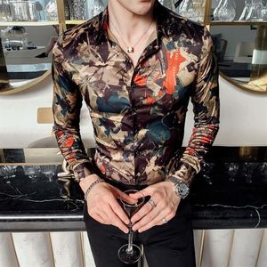 Koszulka z drukowaniem liści Designer Mody Flower Luksus Królewskie Mężczyzn Tuxedo Camisas Club Ubranie długi rękaw Slim Casual Wear273U
