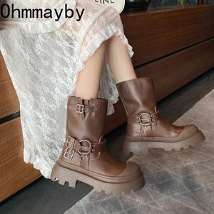 Stiefel 2023 Winter Kurze Für Frauen Mode Gürtel Schnalle Biker Weibliche Elegante Dicke Untere frauen Ritter Bootties 231019