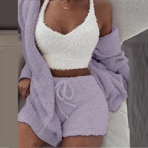 Pigiama soffice da donna per salotto da notte per donna Indumenti da notte casual Canottiera e pantaloncini Taglie forti Felpa con cappuccio per il tempo libero Homsuit invernale Teddy 3 pezzi Pigiama 231018