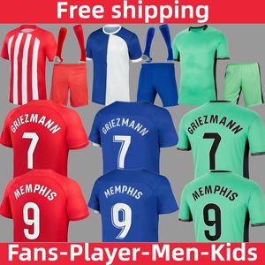 23/24 Griezmann 팬 플레이어 버전 Mens Kids Football Kits 세트 아틀레티코 마드리드 홈 어웨이 셋째 축구 셔츠 멤피스 코레아 모라 타 축구 유니폼