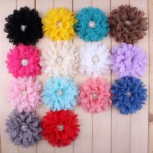 Decorative Flowers 5pcs/lot 4" Soft Artificial Frayed Lace Fabric With Alloy Pearl Button Trim Patch Applique Wedding