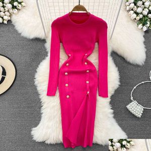 Casual Dresses Double Breasted Split Pack Hip Sweater For Woman O-Neck Long Sleeve Fall Winter Knitted Dress Women Vestidos Drop Del