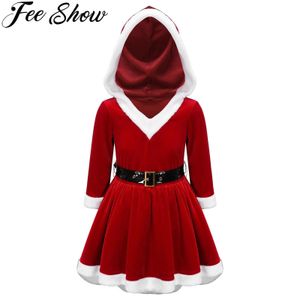 Girl's Dresses Kids Girls Mrs Claus Santa Christmas Costume Children Xmas Party Velvet Long Sleeve Tulle Underskirt Hooded Dress with Belt 231019