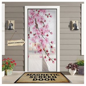 Sheer Curtains Spring Cherry Blossom Branch Summer Magnetic Mesh Mosquito Screen Door Curtain Anti-Mosquito Net Fly Screen 231019