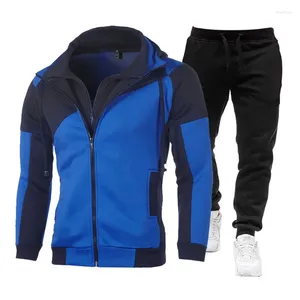 Men's Tracksuits Sports Suit Fall Winter Long Sleeves Pants Slim Running Casual Hooded Sweatshirt Color-block Two-piece Set 2023