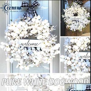 Decorative Flowers Wreaths Welcome Logo Buffalo Plaid And White Dog Wood Spring Wreath Faro Home Door Hang T230512 Drop Delivery Ga Dhvha