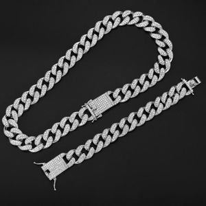 Ketten 20mm Miami Prong Cuban Chain Link Silber Farbe Halsketten 2 Reihe Voll Iced Out Strass Armband Set für Herren Hip Hop212B
