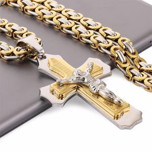 Multilayer Cross Christ Jesus Pendant Necklace Stainless Steel Link Byzantine Chain Heavy Men Jewelry Gift 21 65 6mm MN782645