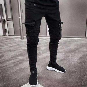 Homens jeans magros multi-bolso calças lápis fino 2021 preto novo macacão masculino rua hip-hop moto roupas de bicicleta jeans x06213423