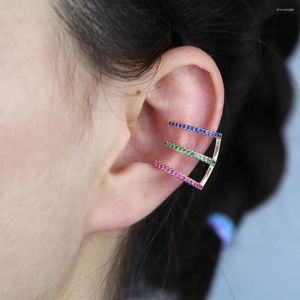 Backs Earrings 1 Pcs E Shape Red Green Blue Zircon Clip Gold Plated Iced Out Pave 5A Cubic Hip Hop Women Festival Gift Jewelry