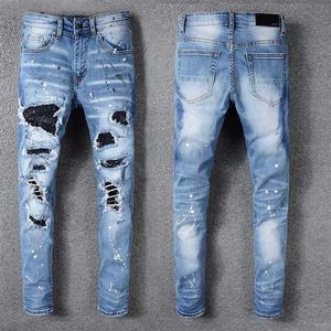 Luxury Mens Jeans Rhinestone Crystal Patchwork Light Blue Ripped Jeans Skinny Stretch Denim Pants Hip Hop Men3328