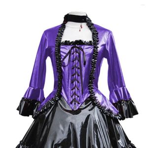 Kvinnors jackor Glossy PVC Leather Ruffles flare Sleeve Swallow-Tailed Lace-up Vintage Royal Style Topps Bankettklänning Luxurisk dräkt