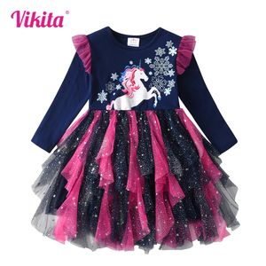 Flickans klänningar Vikita 2024 Julbarnsklänning för flickor Vinter Barn Thanksgiving Party Clothes Unicorn Fly Sleeve Toddler Princess 231018