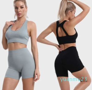 Lu Lu Yoga Jumpsuit Bodysuit Set Women's Suit Fitness Suit High Support Seamless Sports Bh Crop Tops Hög midja Rib -stickade Biker Shorts Set Lememm