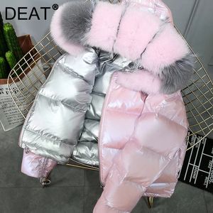 Women's Down Parkas DEAT 2023 Spring Winter Arrivals Fur Collar Hooded Thick Coat Pink Women Cropped Keep Warm Jacket MK301 231018