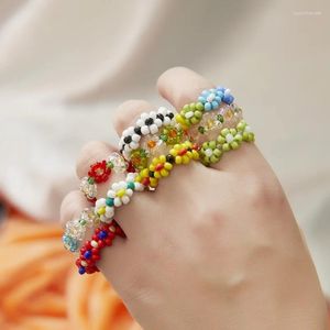 Cluster Rings Colorful Bohemia Small Flower Elastic Fashion Handmade Beaded Rice Beads Ring For Women Girls Beach Jewelry Gifts