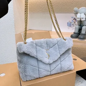 Women Designer Jumbo Fluffy Cloud Loulou Flap Bag Soft Lamb Wool V-Stitch Gold Letters Metal Hårdvarukedja med rem 5 färger 27,5x16 cm Cross Body Shoulder Handbag