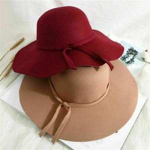 Szerokie brzegowe czapki czapki czapki jesienne zima kobiety dziewczyny meloniki eleganckie miękkie vintage Feel Fedoras Fedoras Solid Ladies Foppy Hat Wide Rzem Brim Dome Cap 231019