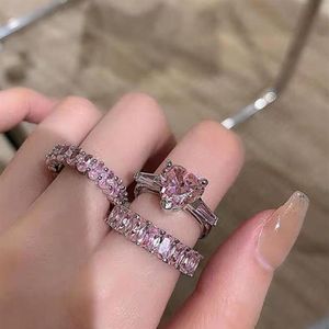 Ins Sweet Cute Wedding Rings Fashion Jewelry 925 Sterling Silver Fill Heart Shape Pink Topaz CZ Diamond Gemstones Promise Eternity245A