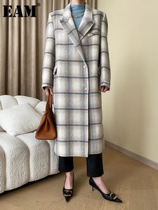 Misto lana da donna EAM Plaid grigio Cappotto di lana lungo e spesso di grandi dimensioni Giacca con maniche a bavero Moda Autunno Inverno 1DH1659 231018